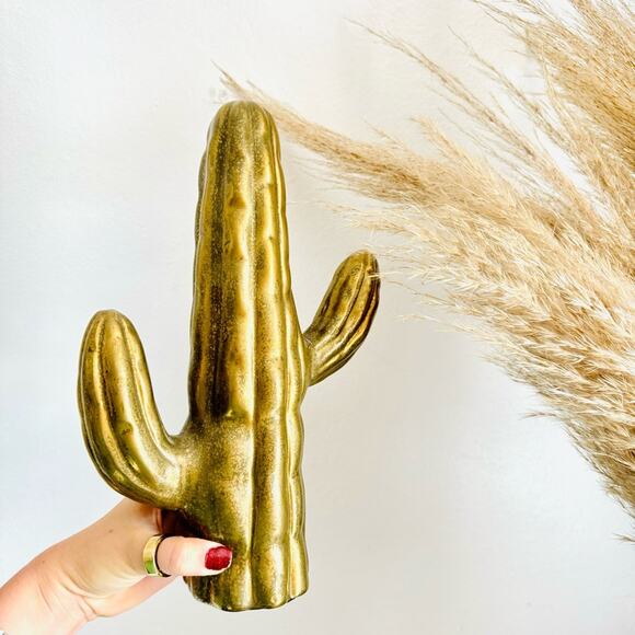 ANTHROPOLOGIE Textured Brass Gold Ceramic Saguaro Cactus Figurine Accent Decor - Picture 3 of 14